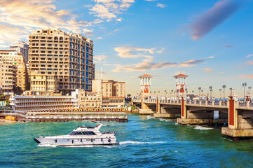 Stanley bridge and the shore of the Mediterranean in Alexandria, beautiful sea view, Egypt