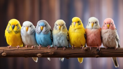 set of  pets budgies pastel color birds on branch   - obrazy, fototapety, plakaty