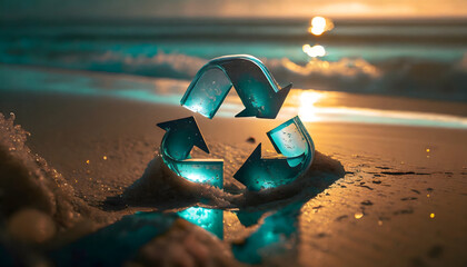 Refractive clear recycle logo on sandy beach