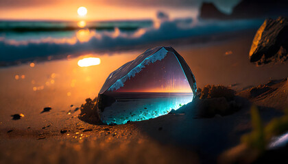 Refractive clear glass crystal on sandy beach - obrazy, fototapety, plakaty