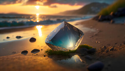 Refractive clear glass crystal on sandy beach - obrazy, fototapety, plakaty