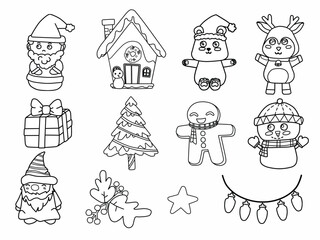 set of christmas line art elements for make children coloring worksheet. santa, raindear, snowman, christmas tree, gift box, ginger bread.