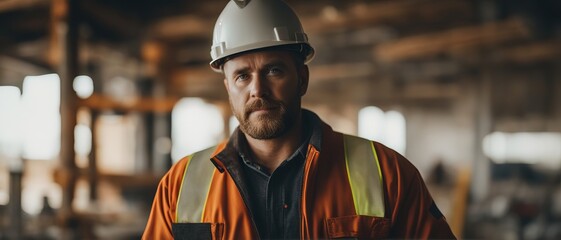Construction worker on site, a man with a white paint beard on the background of the company - obrazy, fototapety, plakaty