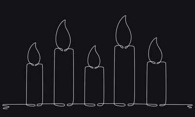 Christmas candle with burning flame. One continuous single line hand drawing art. Vector stock illustration isolated on black background for design template greeting card, invitation. Editable stroke