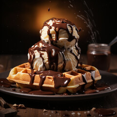 Fotografia con detalle y textura de gofre con bolas de helado y chocolate y caliente