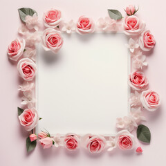 Fototapeta na wymiar Fondo con detalle de marco con varias flores de tonos rosados, sobre fondo neutro