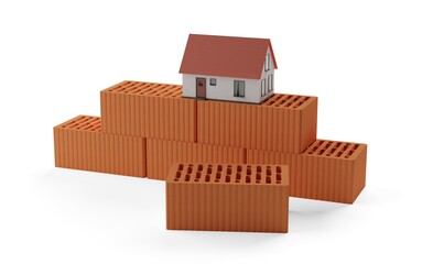 Stack of red brick stones with model miniature house on top on white background, construction or masonry or industry concept