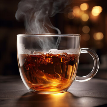 Fondo con detalle y textura de taza de cristal con infusion caliente y humeante