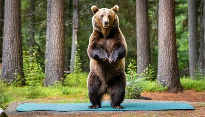 Grizzly Bear Doing Yoga on a Yoga Mat