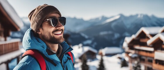 Smiling guy in glasses and a hat on the background of winter village landscape with mountains
