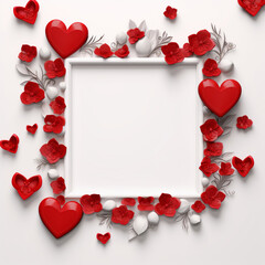 fotografía de estilo mockup con marco de color blanco y multitud de corazones rojos sobre fondo neutro como símbolo de San Valentín