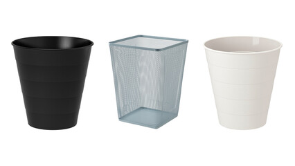 Three plastic and metal recycle bins on white background.