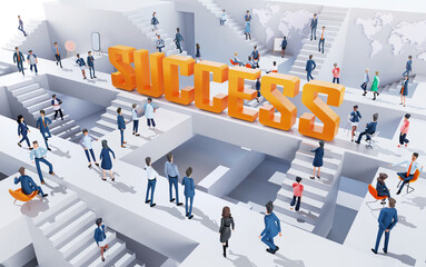 Business people working together in an abstract business environment around big SUCCESS sing, having a meeting, running up and down to stairs, 3D rendering illustration