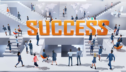 Obraz premium Business people working together in an abstract business environment around big SUCCESS sing, having a meeting, running up and down to stairs, 3D rendering illustration