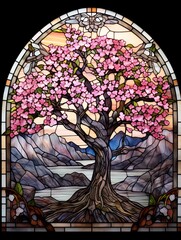Stained glass window with pink cherry blossom tree.