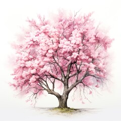 Blossom cherry blossom tree with pink flowers on white background.