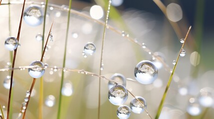 close-up shot capturing the delicate white dewdrops clinging to the slender reeds, high quality, copy space, 16:9 - obrazy, fototapety, plakaty