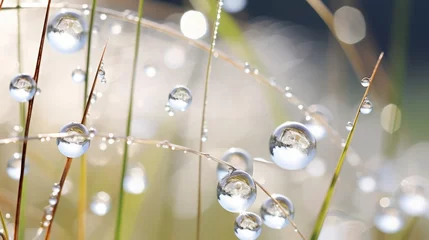 Runde Alu-Dibond Bilder Bereich close-up shot capturing the delicate white dewdrops clinging to the slender reeds, high quality, copy space, 16:9