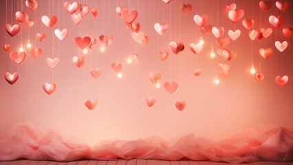 Floating heart balloons softly illuminated by ambient lights creating an intimate atmosphere. Lovely romantic banner