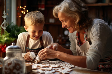 Grandmother and grandson make gingerbread cookies together. Elderly woman and little boy are preparing Merry Christmas gift at home. Bokeh lights. Concept of winter holiday, family. Generative AI