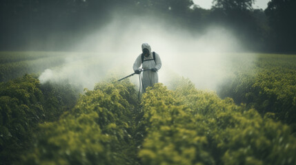 indian farmer spraying pesticide with pump at agriculture field.