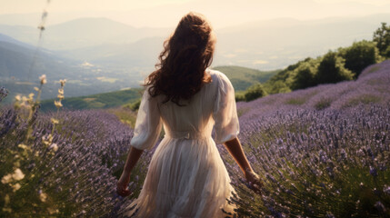 Young woman with long hair  walking through in purple lavender flowers field