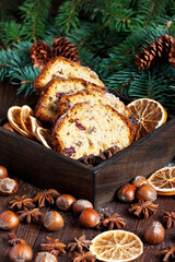 Obraz na płótnie Canvas Traditional homemade stollen with dried fruits and nuts