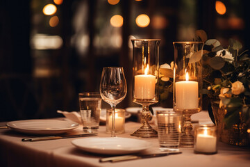 Elegant table setting with beautiful flowers and candles in restaurant