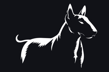 White silhouette of a bull terrier on a black background. simple vector illustration. Minimalism - obrazy, fototapety, plakaty