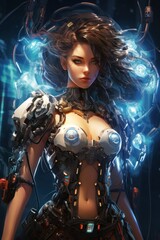 Dynamic and energetic cybernetic woman surrounded by blue swirling lights and advanced tech