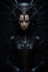 Gothic-themed portrait of a cybernetic woman with striking black attire and detailed headgear