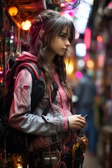 Edgy cyberpunk girl with urban wiring and neon lights in the background, portraying urban tech culture