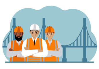 Construction team and engineer next to the bridge. The concept of civil engineering and construction.