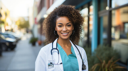 beautiful young woman doctor or nurse headshot portrait, healthcare, hospital, success, career, diversity in the workplace, woman working, woman empowerment - obrazy, fototapety, plakaty