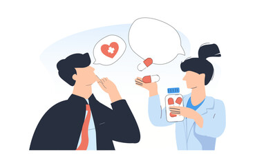 Nutrients for a healthy lifestyle. Pharmacist who prepares medicines and explains prescribed medications. Customer asking a question. Healthcare and medicine concept