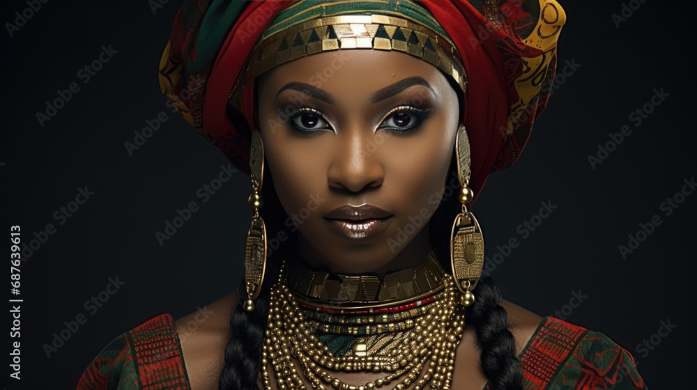 Wall mural african woman wearing traditional national clothing and head wrapper. black history month concept. b - Wall murals
