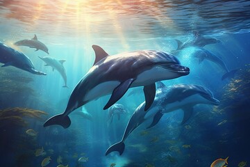 A group of dolphins swimming under water in a body of water with sunlight shining through the water's surface
