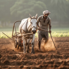 farmer working with bullock at agriculture field.