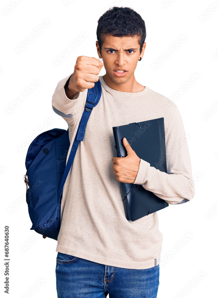 Poster young african amercian man wearing student backpack holding binder annoyed and frustrated shouting w