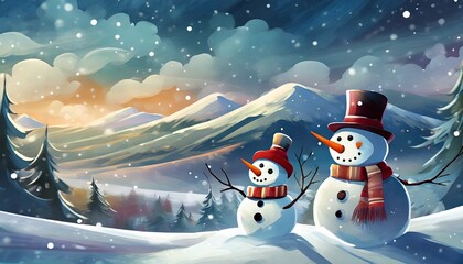 Two snowman sitting at snow at mountains, wearing Santa hat, Winter landscape, Christmas snow background