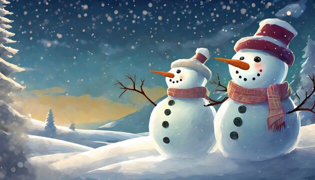 Two snowman sitting at snow at mountains, wearing Santa hat, Winter landscape, Two snowman sitting at snow at mountains, wearing Santa hat, Winter landscape, Christmas snow background