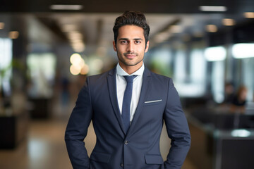 Fototapeta premium Young and successful businessman standing confidently at office