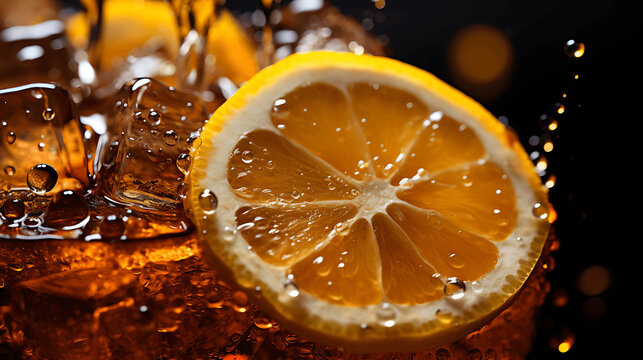 Detalle de trozos de lim&oacute;n en un refresco de cola