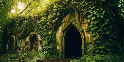 Fototapeta premium Enchanting ruins of a Gothic archway overgrown with lush greenery in a forest setting.
