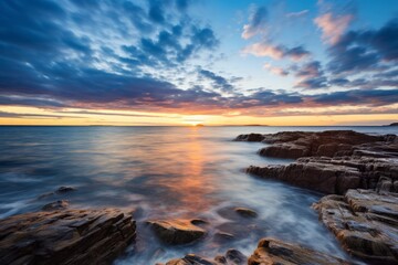 Fototapeta na wymiar Breathtaking sunset over rocky coastline with dynamic skies and reflective sea waters.