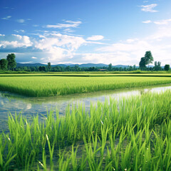 Rice agriculture field with blue sky background.