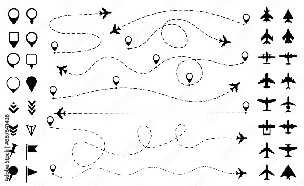 Poster airplane route travel track with gps point set. aircraft tracking, planes, map destination location 