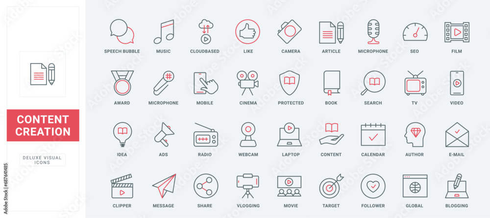 Poster software and services for blogging, content creation thin black and red line icons set vector illust