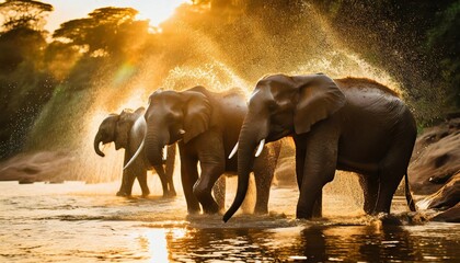 Elephants Having a Funny Bath Together