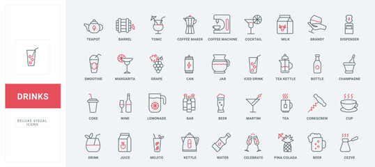 Fototapeta na wymiar Drinks of bar thin black and red line icons set vector illustration. Outline barrel, can or glass bottle symbols, cocktails and champagne, cup and kettle of tea and coffee machine, beer and juice